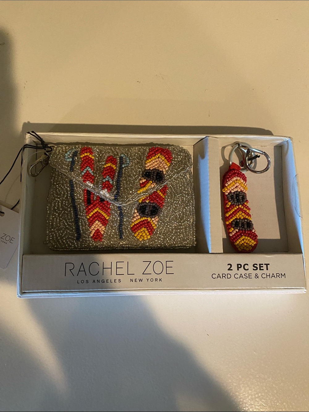 Rachel Zoe Gold Beaded Card Case with Red & Yellow Bead Key Charm